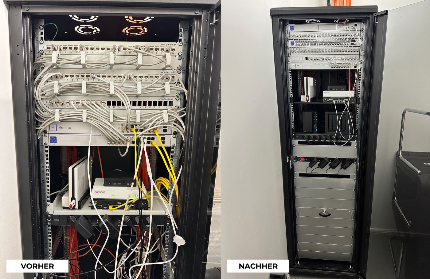 Vorher/Nachher aus diesem Projekt: gewachsener Netzwerkschrank mit Kabelchaos, daneben das neu geplante UniFi Rack, sauber gepatcht und beschriftet